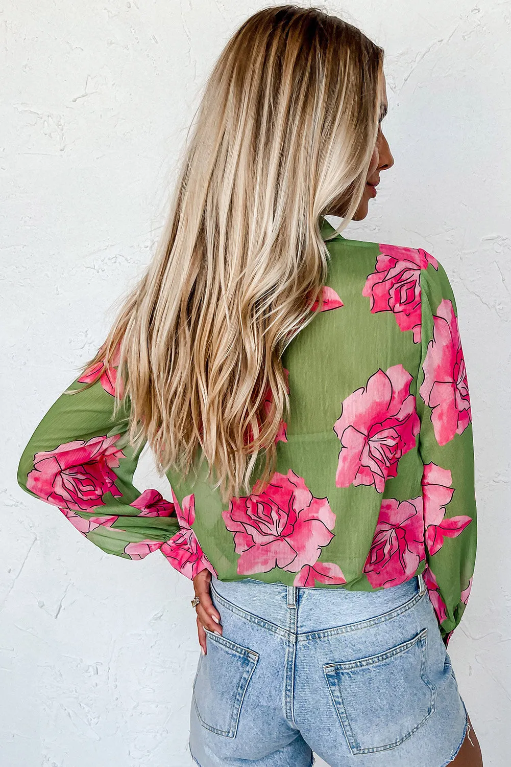 Green Floral Print Pleated Detail Puff Sleeve Shirt