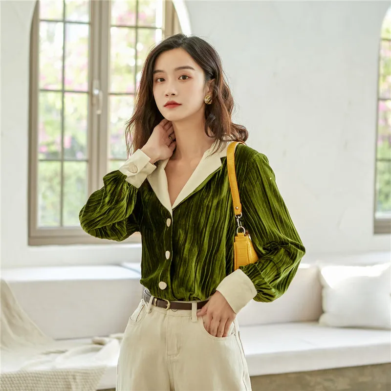 GREEN PLEATED VELVET LONG-SLEEVED SHIRT UB2837