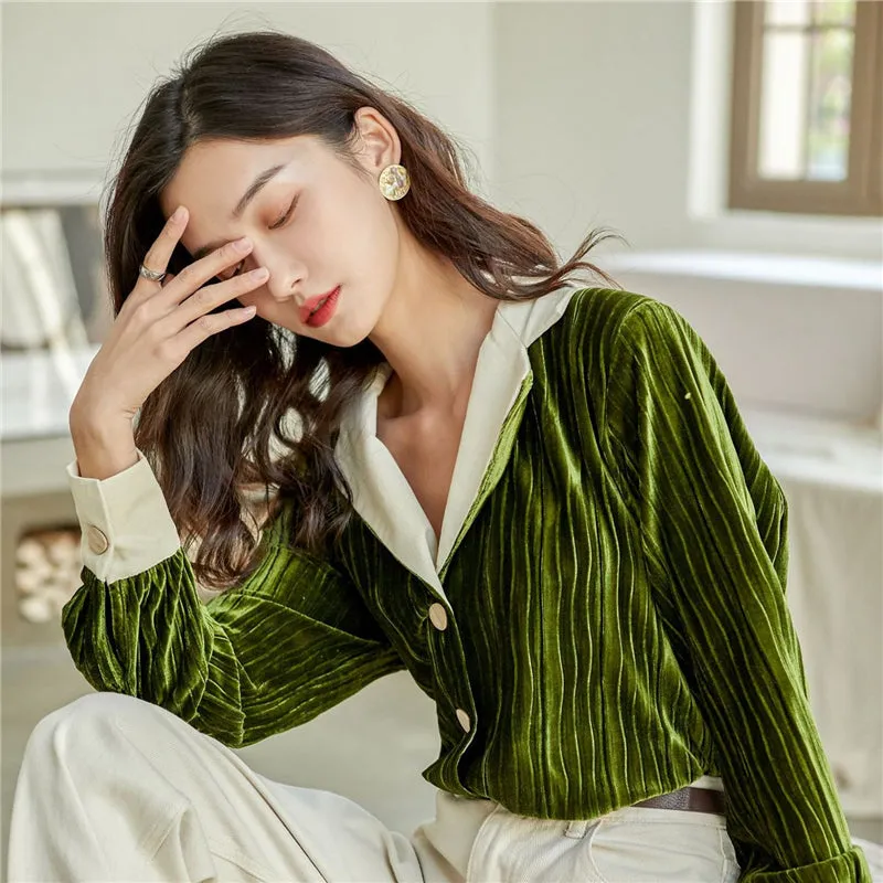GREEN PLEATED VELVET LONG-SLEEVED SHIRT UB2837