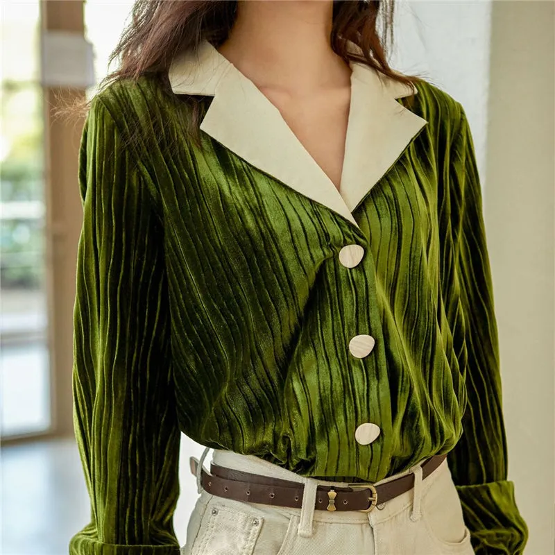 GREEN PLEATED VELVET LONG-SLEEVED SHIRT UB2837