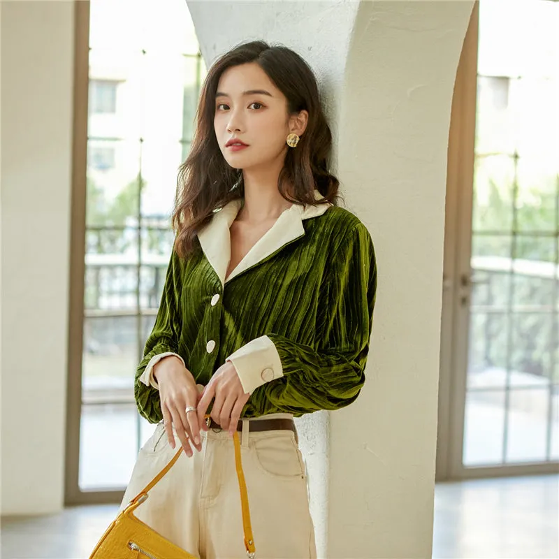 GREEN PLEATED VELVET LONG-SLEEVED SHIRT UB2837