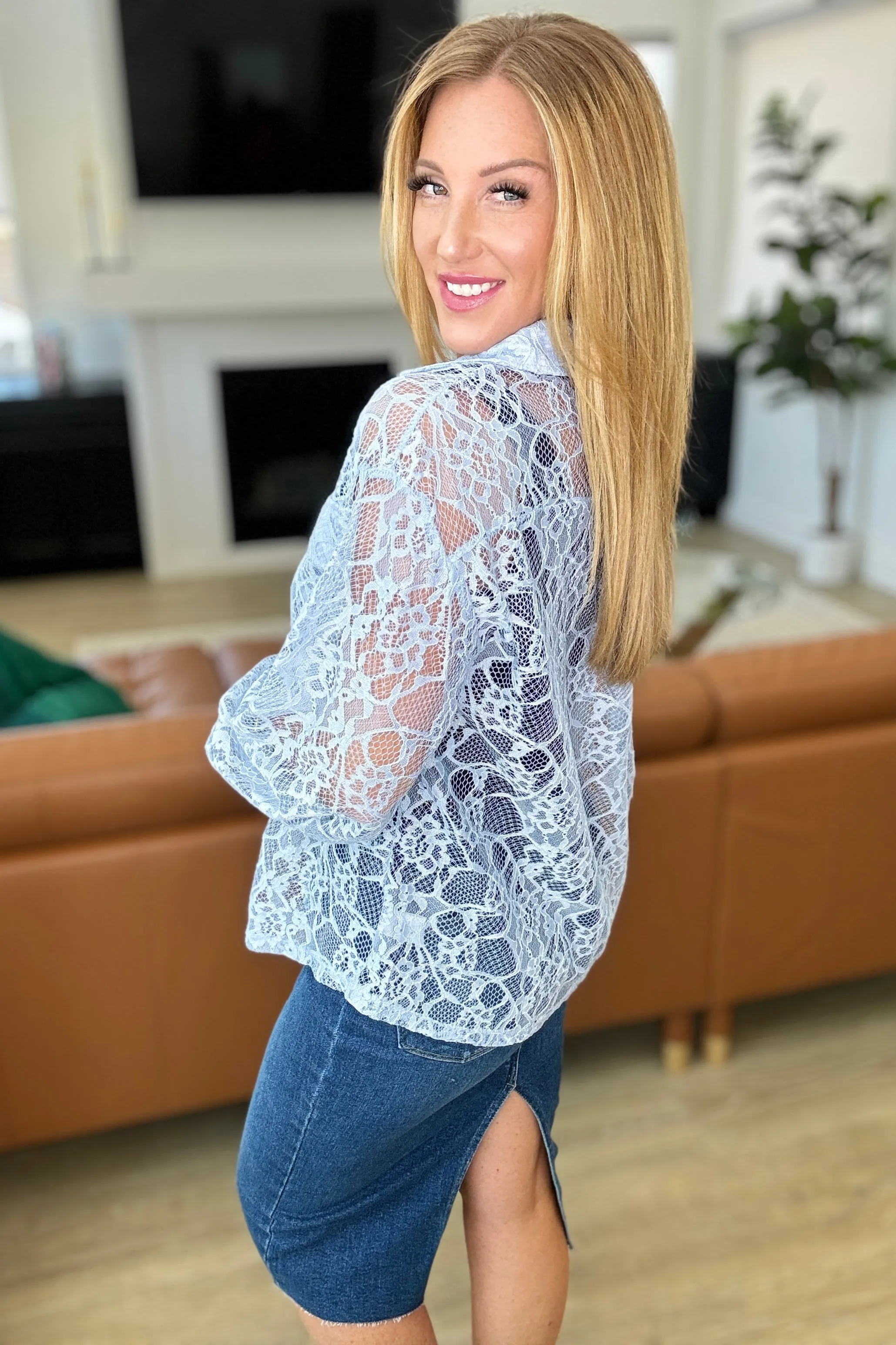 Hazel Blues® |  Stick Together Lace Button Up in Light Blue