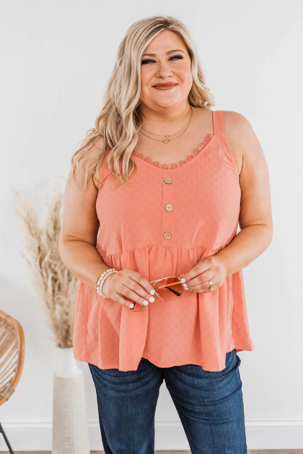 Hearts Beat In Harmony Button Tank- Salmon