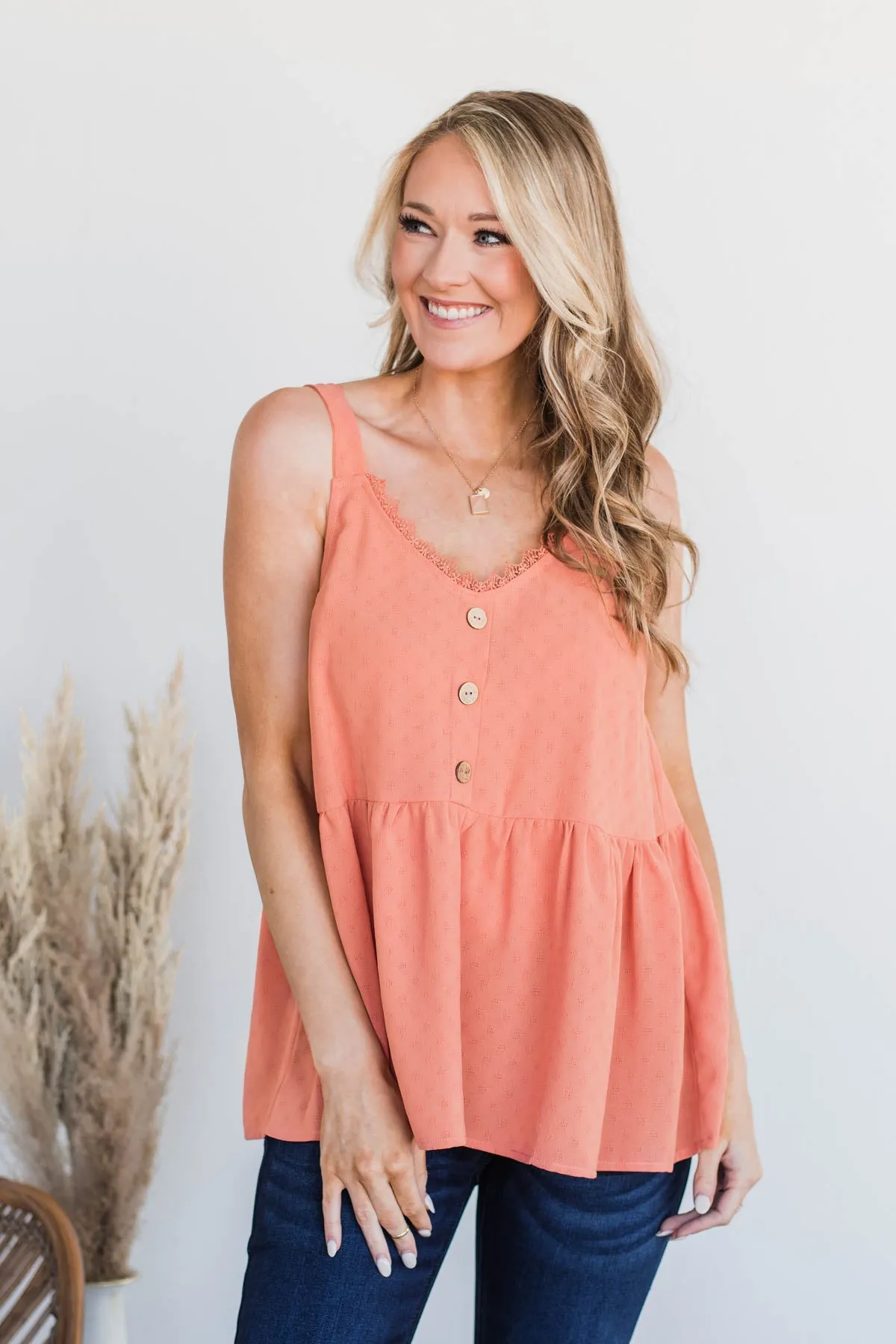 Hearts Beat In Harmony Button Tank- Salmon