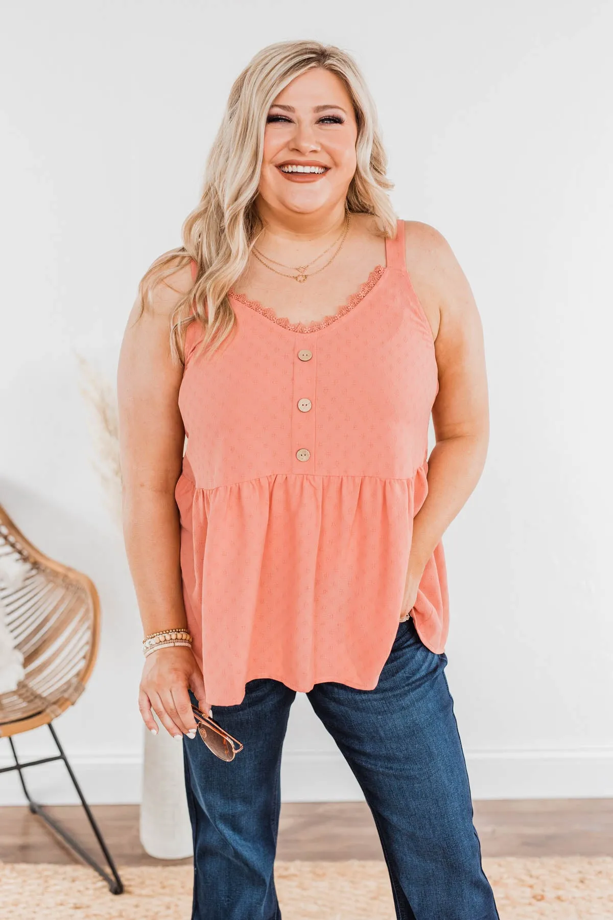 Hearts Beat In Harmony Button Tank- Salmon