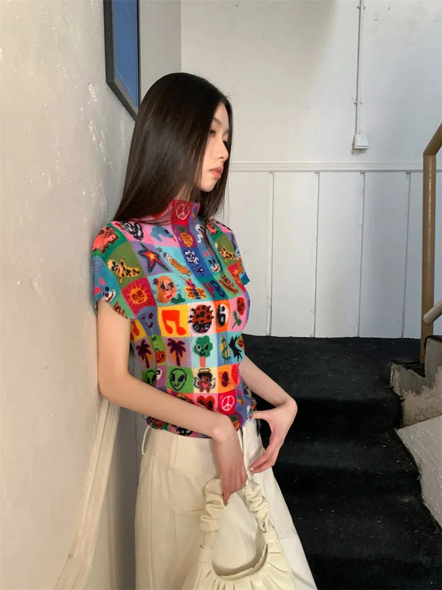 High-Elastic Cyber Y2K Graphic T-Shirt – Pleated Streetwear Fashion Tee