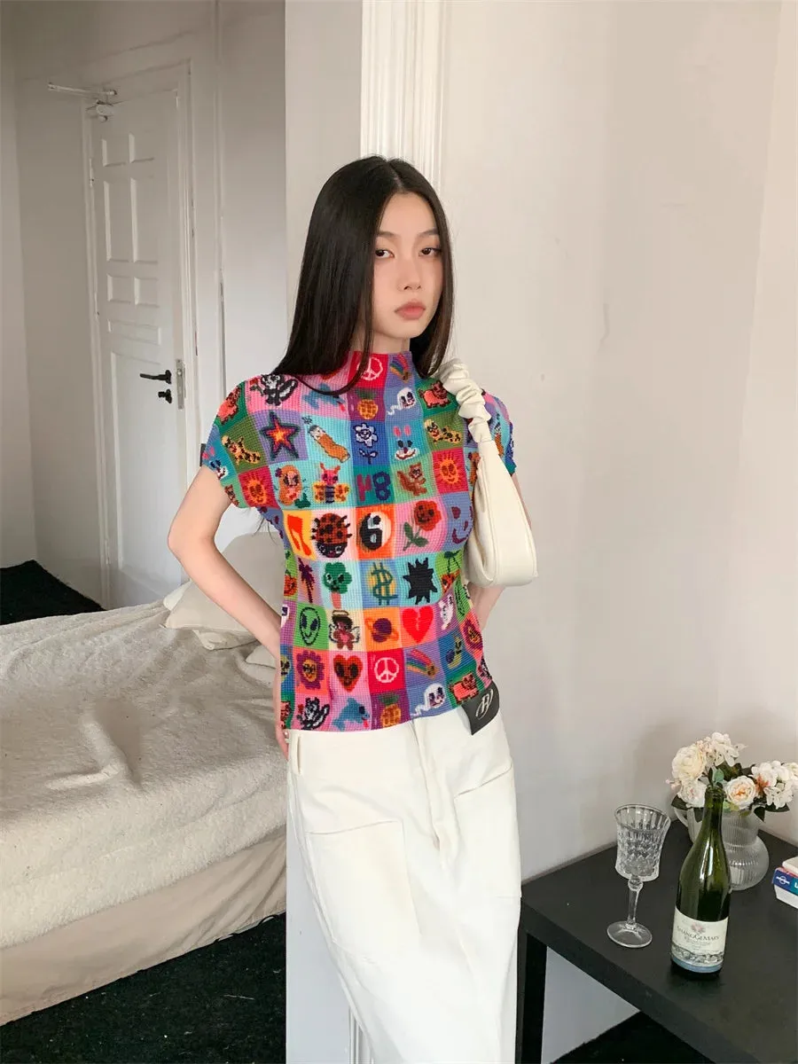 High-Elastic Cyber Y2K Graphic T-Shirt – Pleated Streetwear Fashion Tee