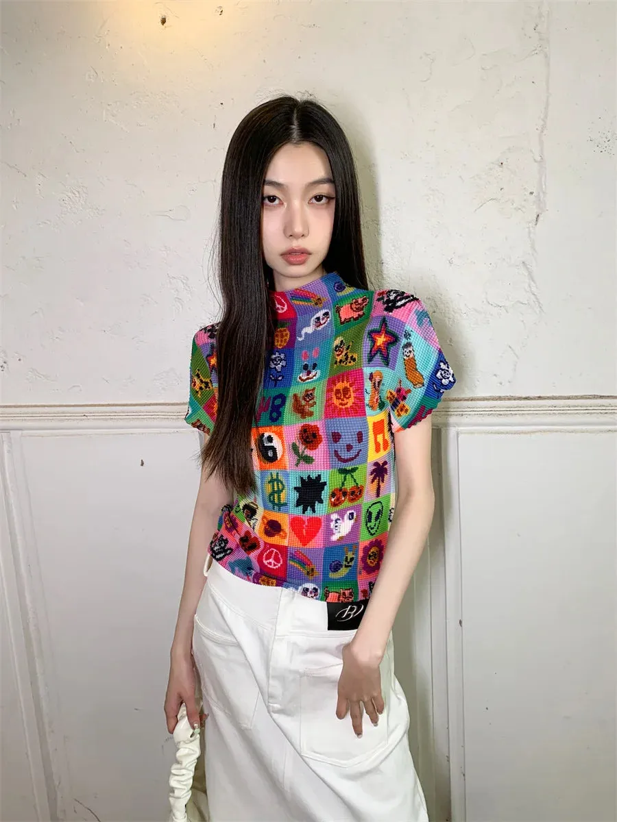 High-Elastic Cyber Y2K Graphic T-Shirt – Pleated Streetwear Fashion Tee