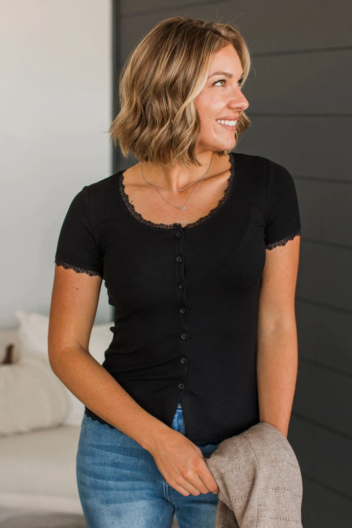 Hold Me Forever Button Top- Black