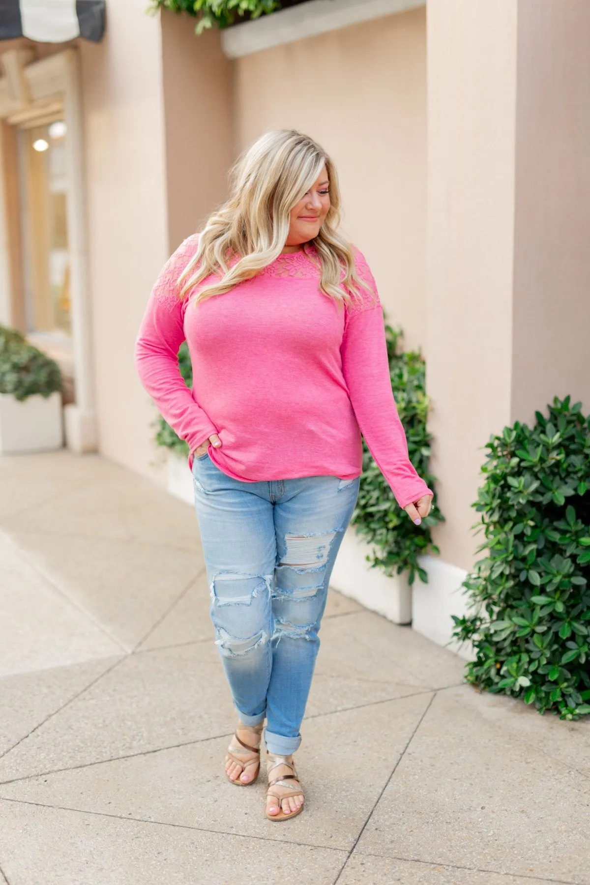 Hometown Dreamer Lace Pullover Top- Lipstick Pink