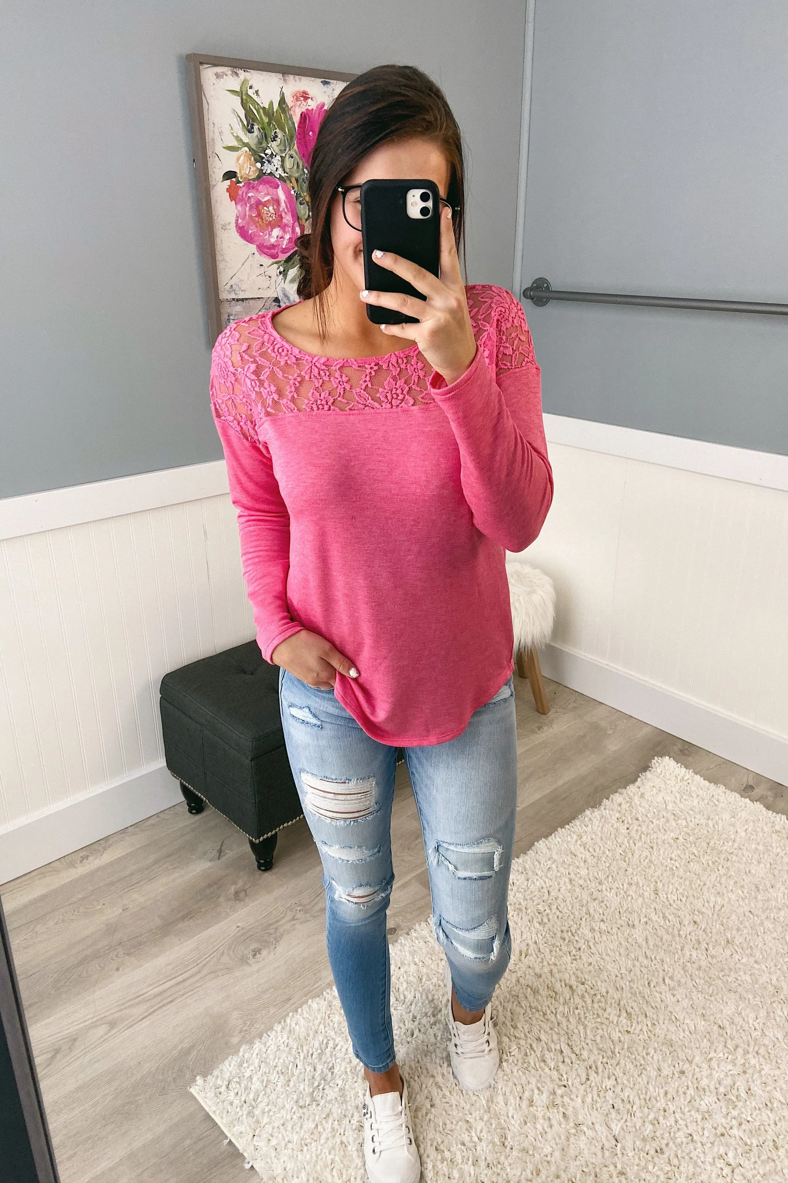 Hometown Dreamer Lace Pullover Top- Lipstick Pink