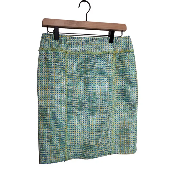 J McLaughlin Womens Highland Tweed Pencil Skirt Green Back Zipper Lined Size 4