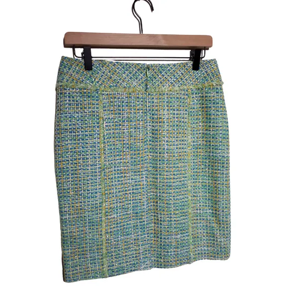 J McLaughlin Womens Highland Tweed Pencil Skirt Green Back Zipper Lined Size 4