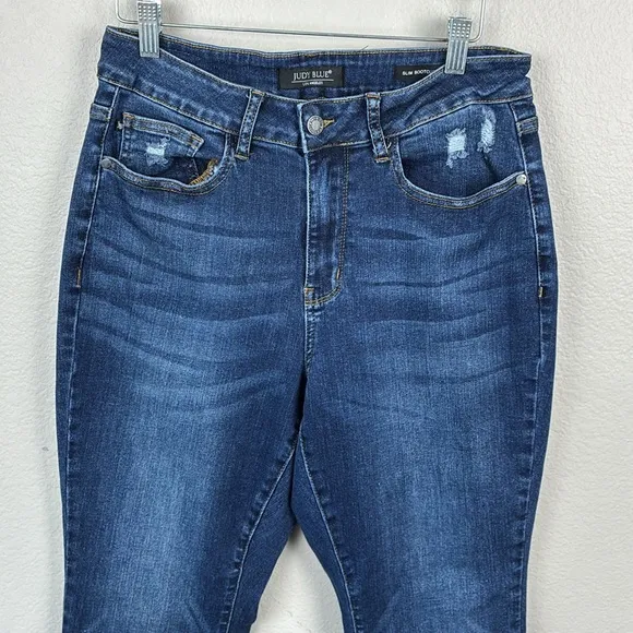 Judy Blue Slim Bootcut Jeans High Rise Side Slit Dark Wash Denim