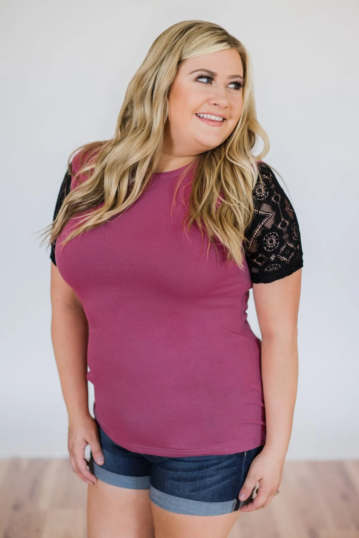 Just A Little Lace Short Sleeve Tee- Deep Magenta