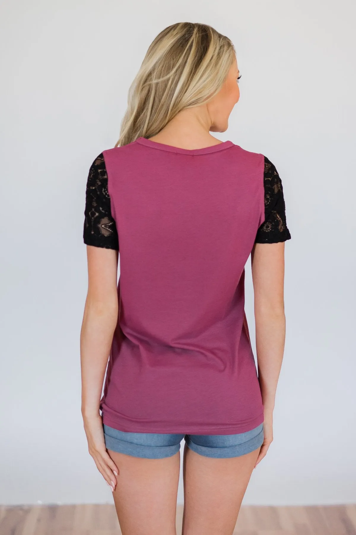 Just A Little Lace Short Sleeve Tee- Deep Magenta