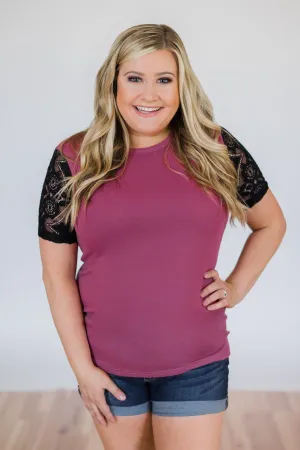 Just A Little Lace Short Sleeve Tee- Deep Magenta