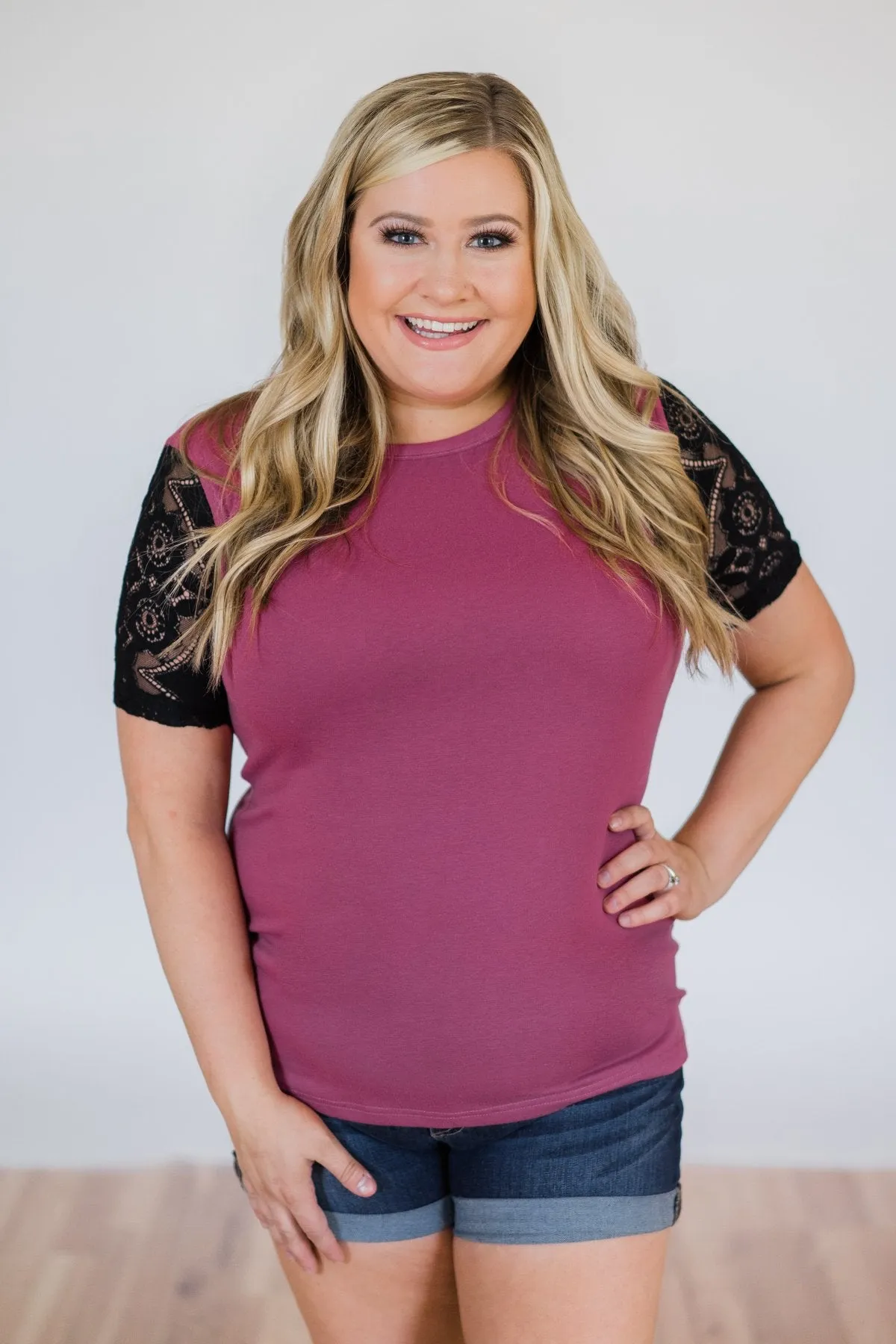 Just A Little Lace Short Sleeve Tee- Deep Magenta