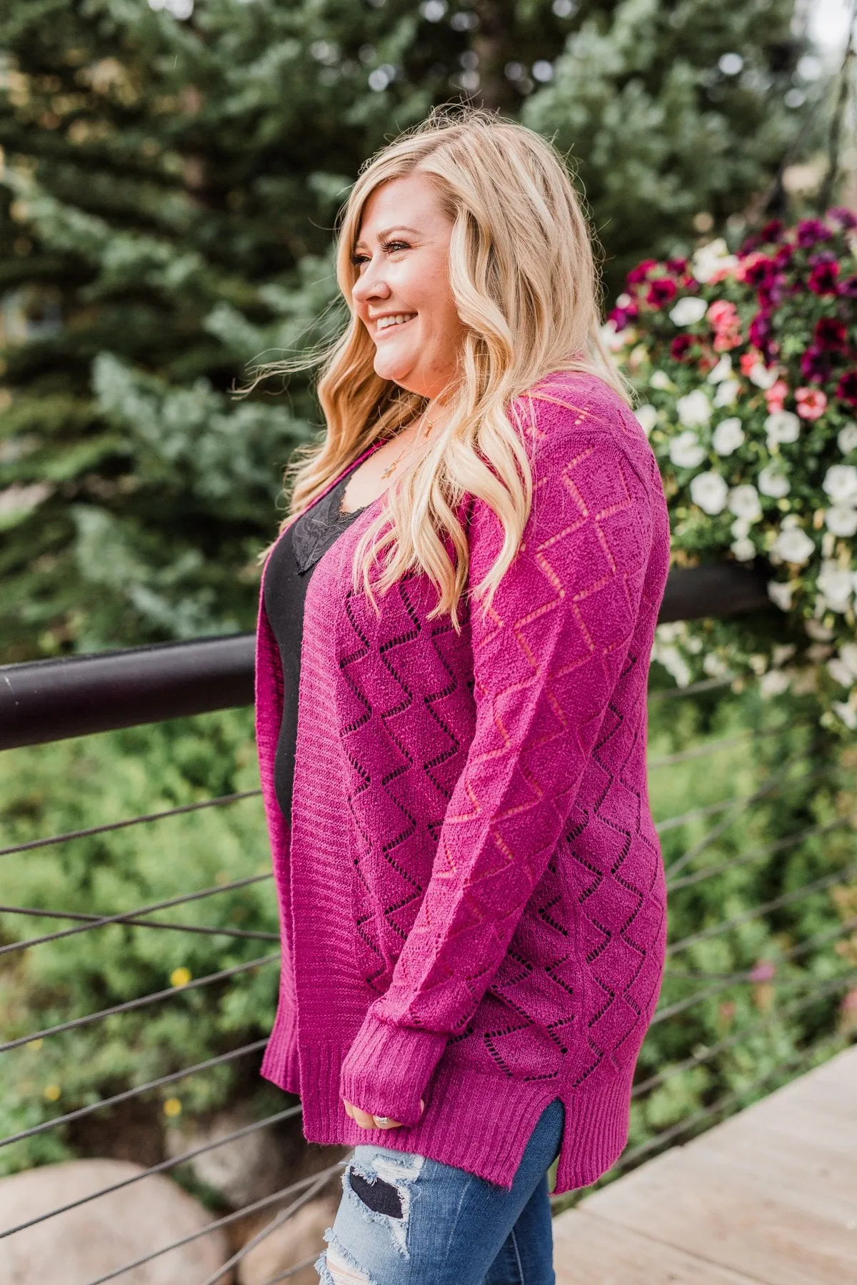 Knit Pointelle Cardigan- Magenta
