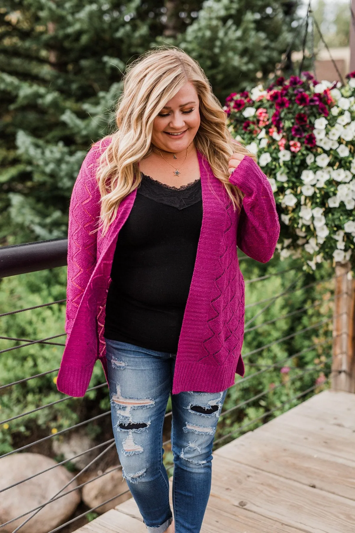 Knit Pointelle Cardigan- Magenta