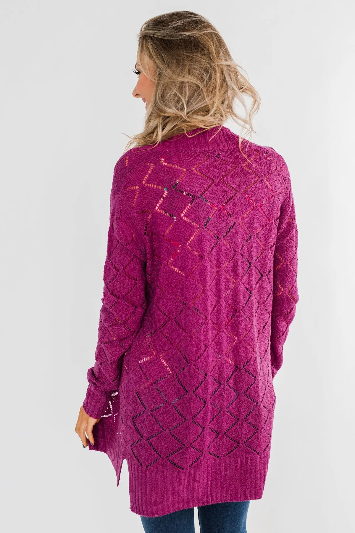 Knit Pointelle Cardigan- Magenta