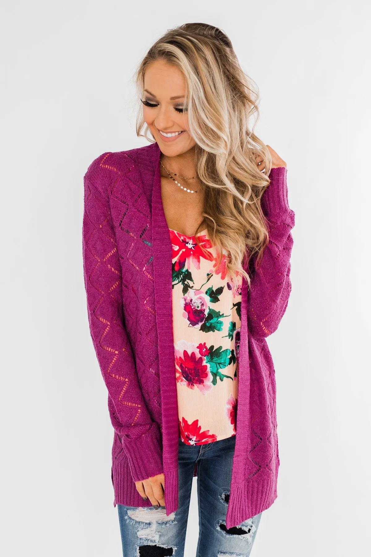 Knit Pointelle Cardigan- Magenta