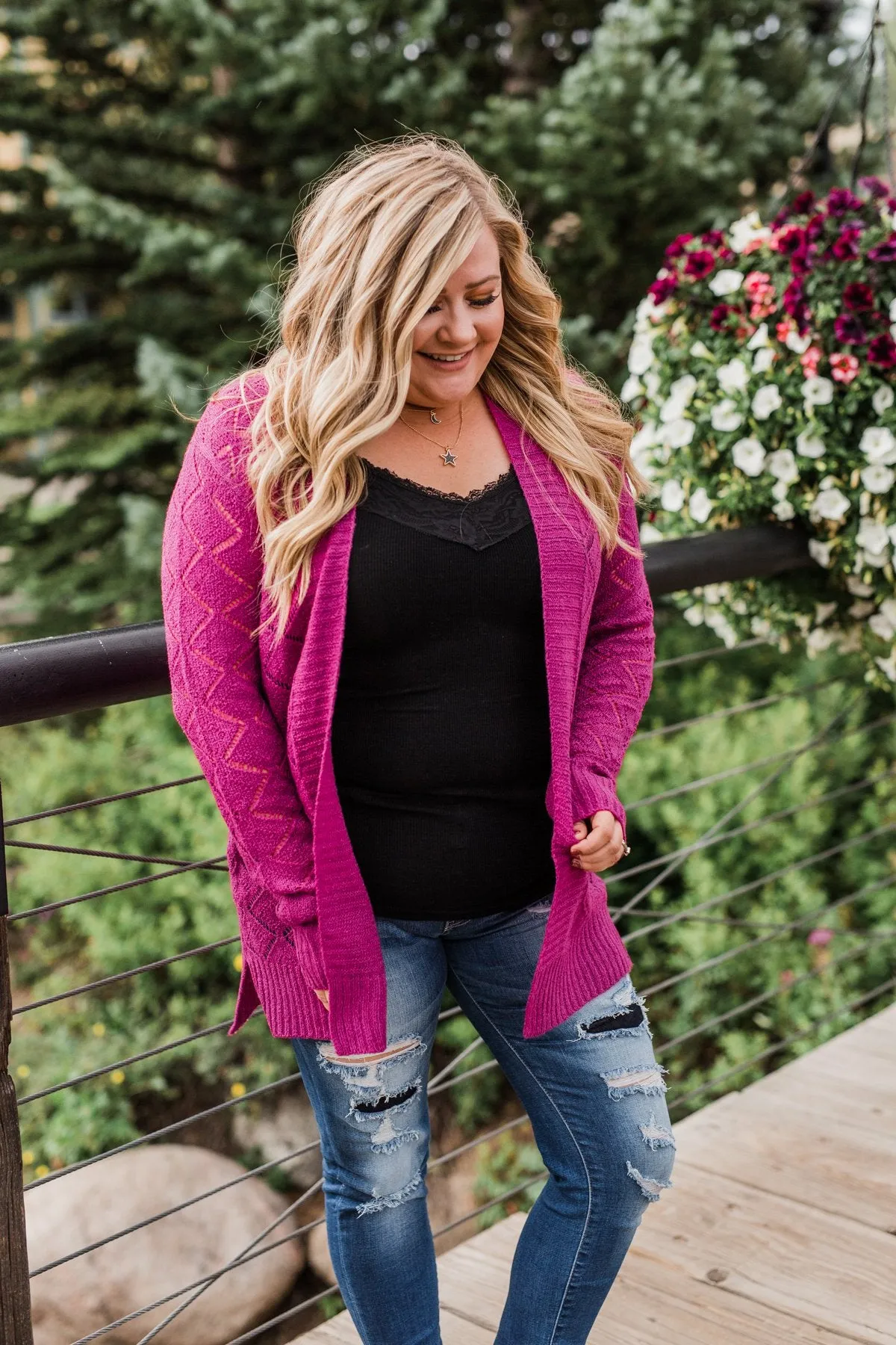 Knit Pointelle Cardigan- Magenta