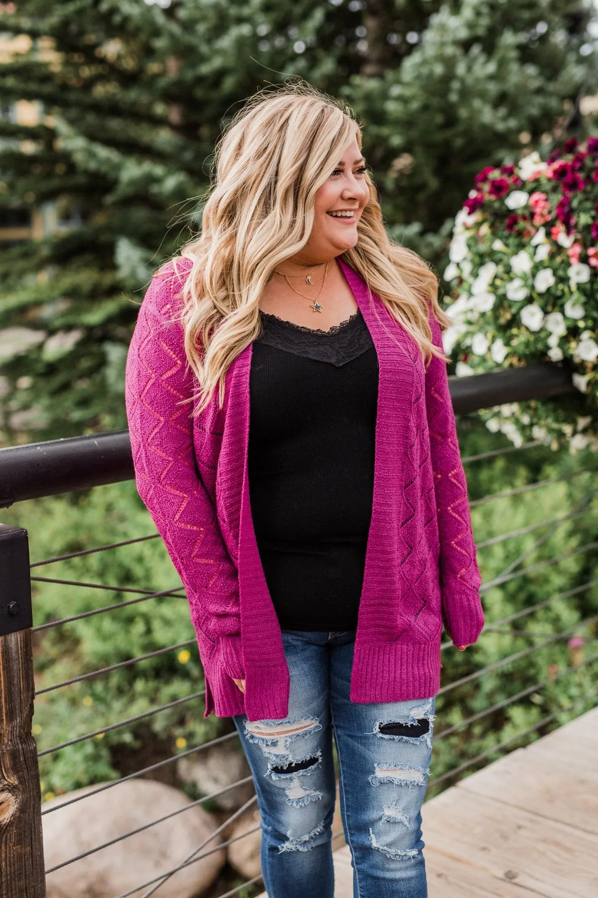 Knit Pointelle Cardigan- Magenta