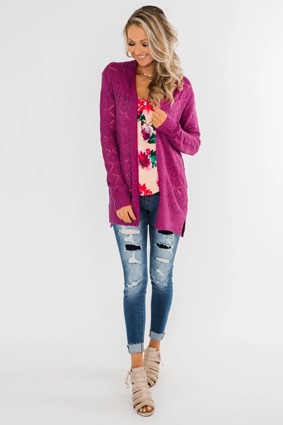 Knit Pointelle Cardigan- Magenta