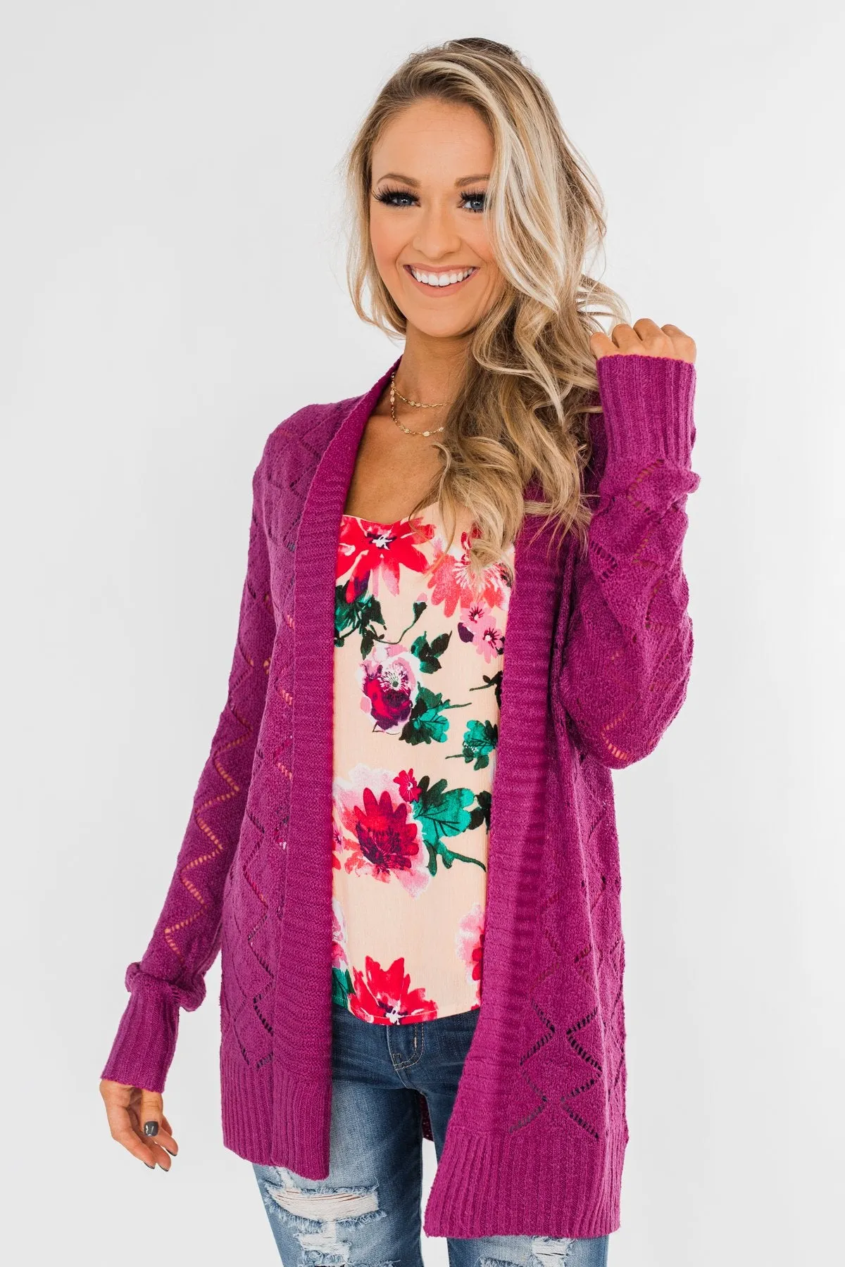 Knit Pointelle Cardigan- Magenta
