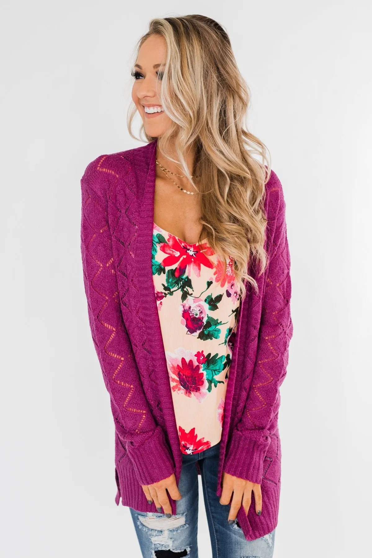 Knit Pointelle Cardigan- Magenta