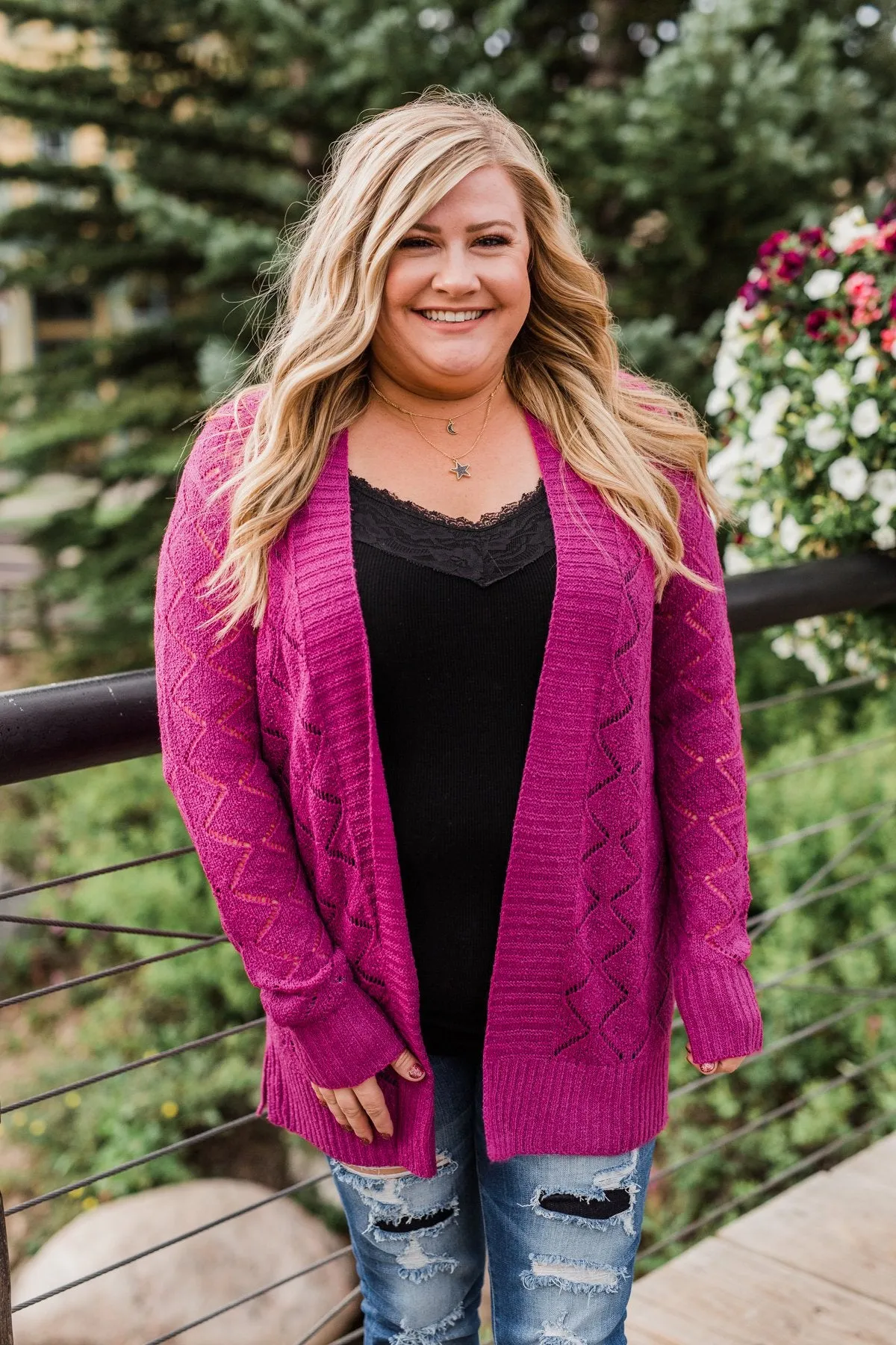 Knit Pointelle Cardigan- Magenta