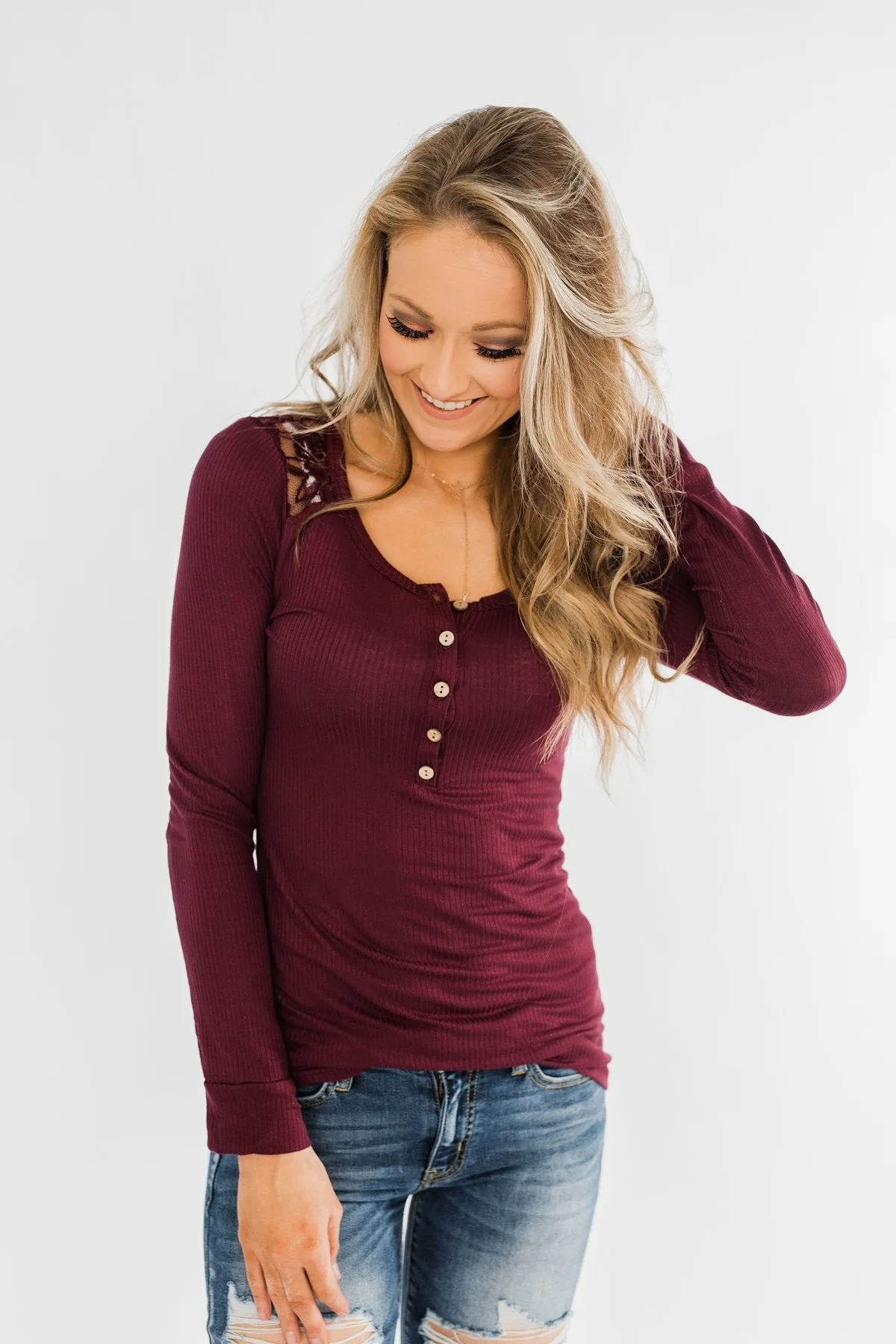 Lace Back 5-Button Henley Top- Burgundy
