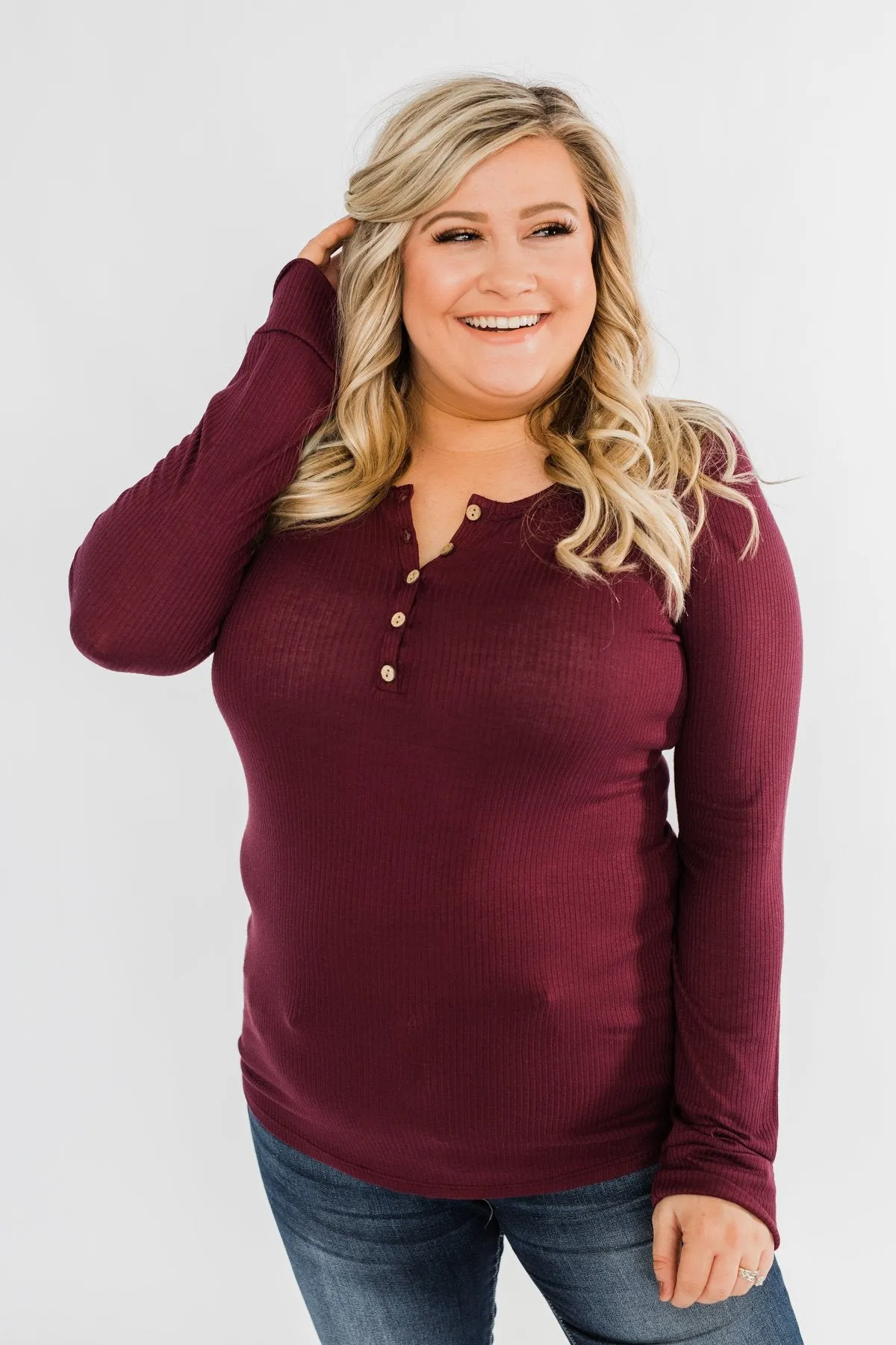 Lace Back 5-Button Henley Top- Burgundy