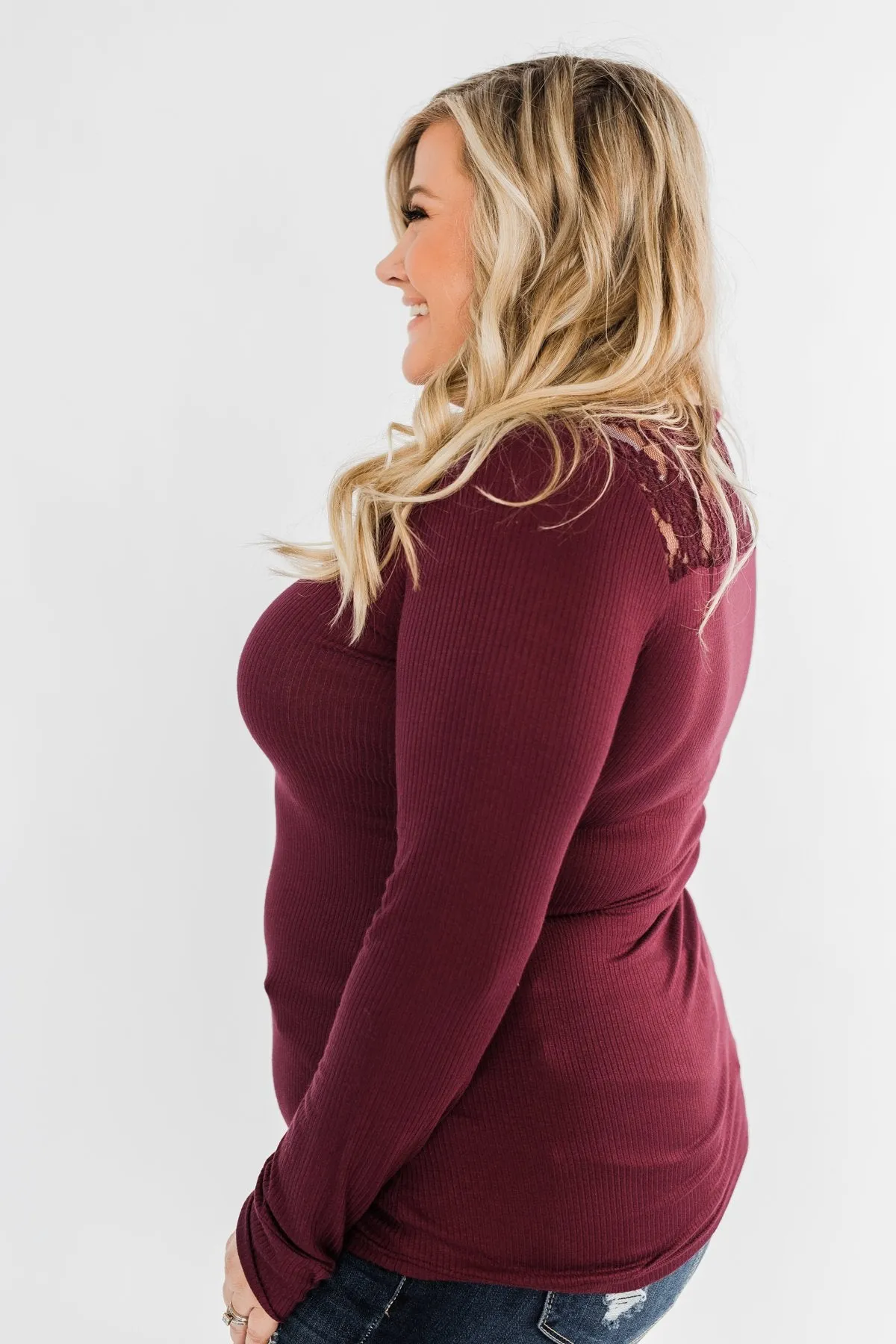 Lace Back 5-Button Henley Top- Burgundy