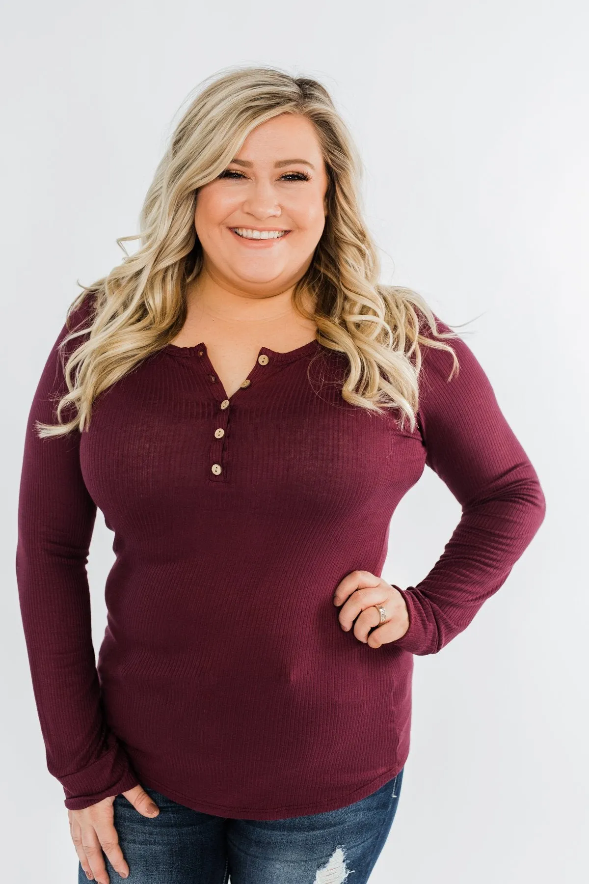 Lace Back 5-Button Henley Top- Burgundy