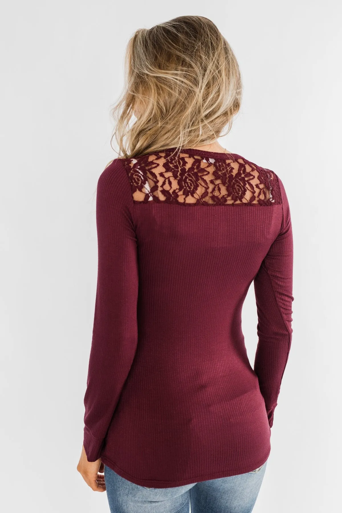 Lace Back 5-Button Henley Top- Burgundy