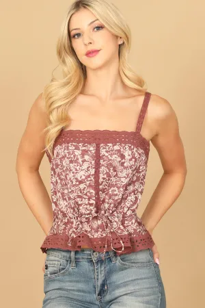 LACE DETAIL TIE FRONT FLORAL TOP