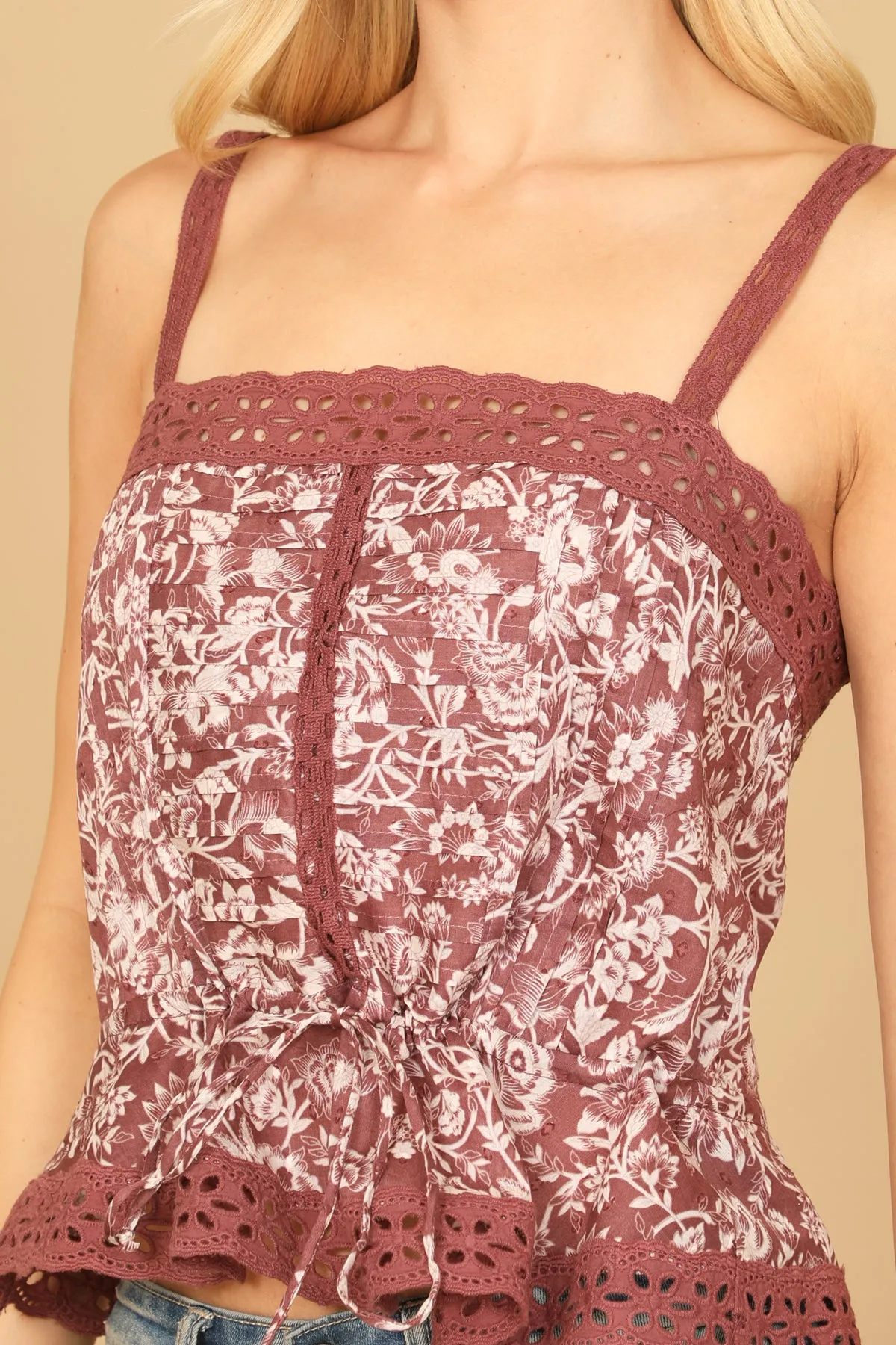 LACE DETAIL TIE FRONT FLORAL TOP