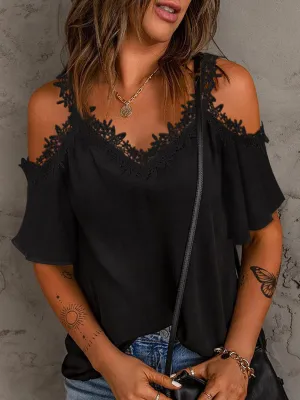 Lace Detail V-Neck Half Sleeve Blouse (2 Colors)