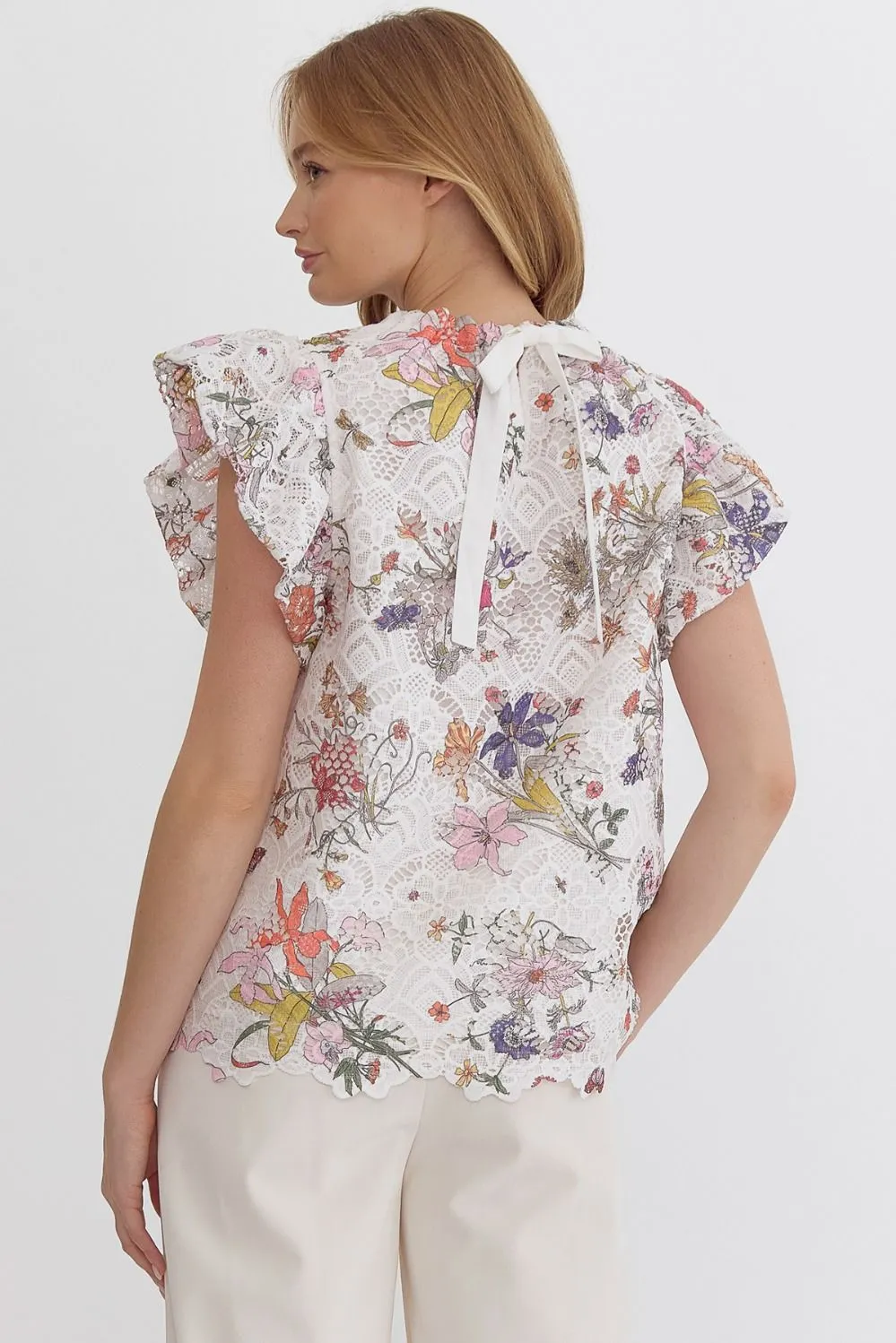 Lace floral print high neck ruffle sleeve