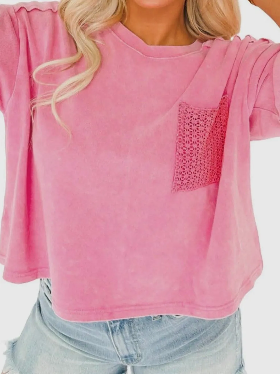 Lace Front Pocket Tee: Pink