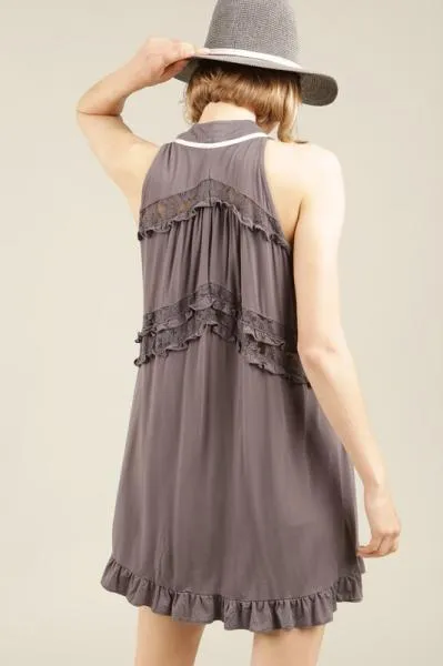 Lace Paneled Ruffle Swing Top - Charcoal