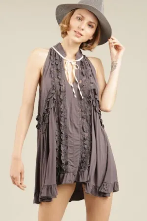 Lace Paneled Ruffle Swing Top - Charcoal