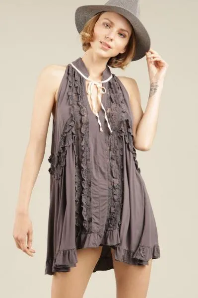Lace Paneled Ruffle Swing Top - Charcoal