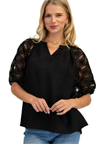 Lace Sleeve Top with Split Neck