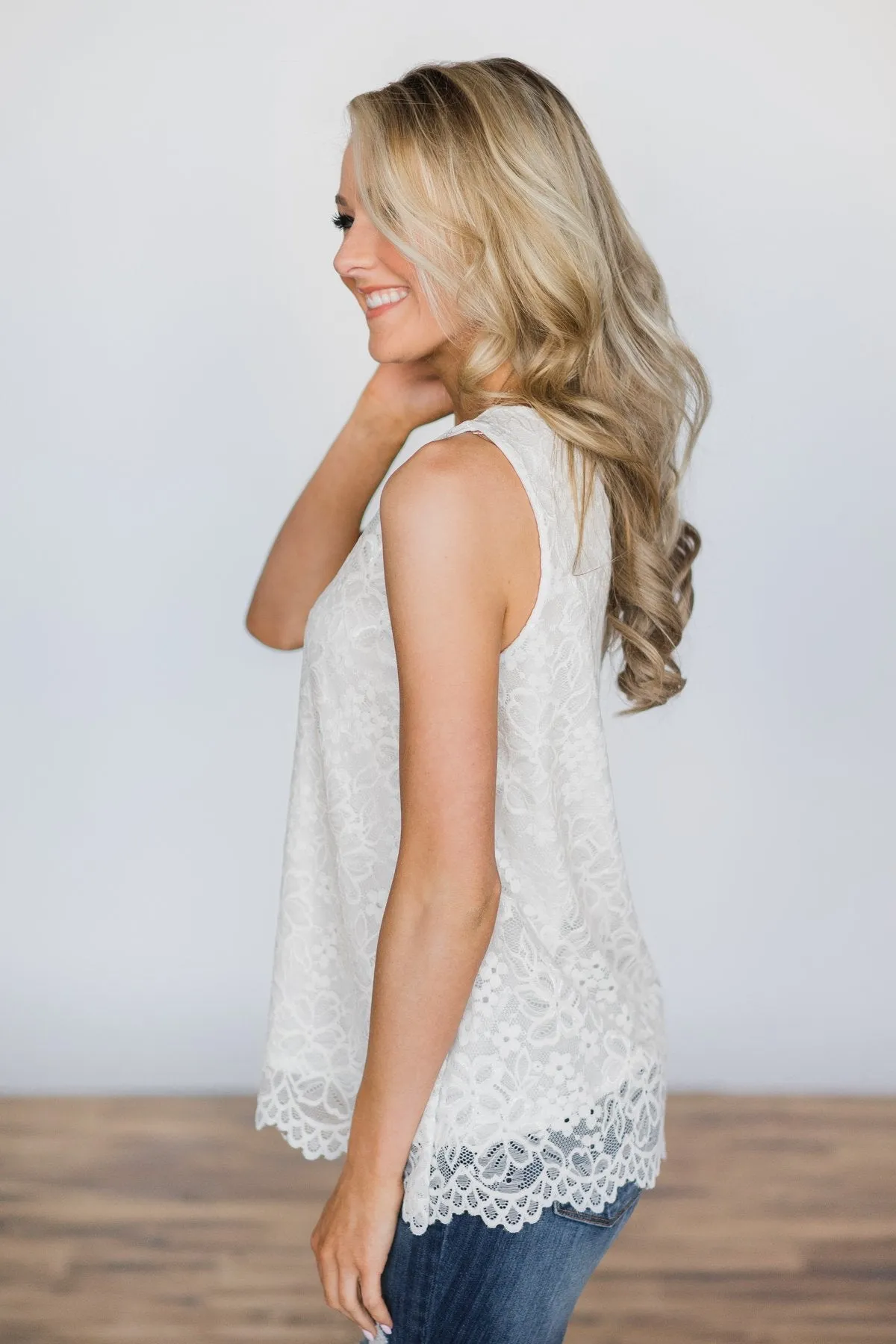 Last to Leave Ivory Lace Tank Top