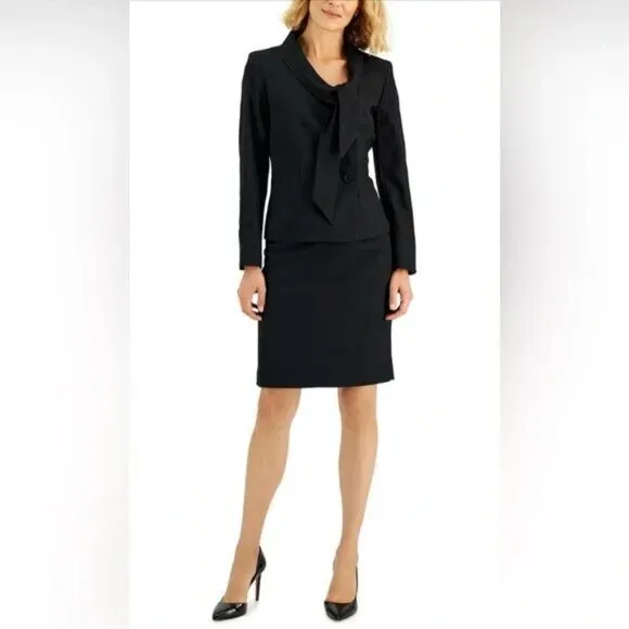Le Suit Crepe 3 Button Tie Collar Jacket &amp; Slim Pencil Skirt Suit Size 16