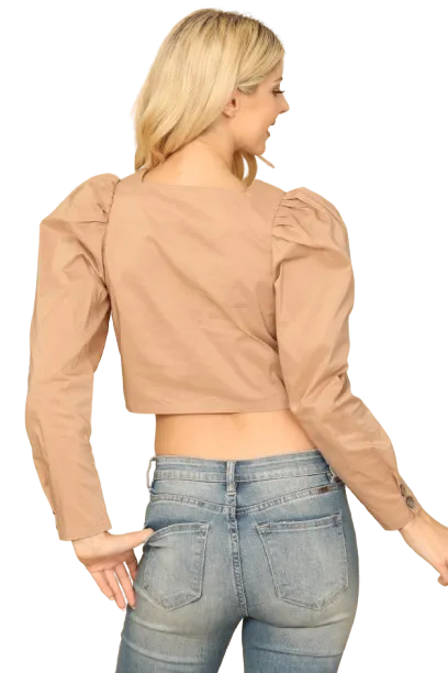 Light Brown Square Neck Pleated Long Sleeve Solid Crop Top - Pack of 5