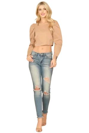 Light Brown Square Neck Pleated Long Sleeve Solid Crop Top - Pack of 5